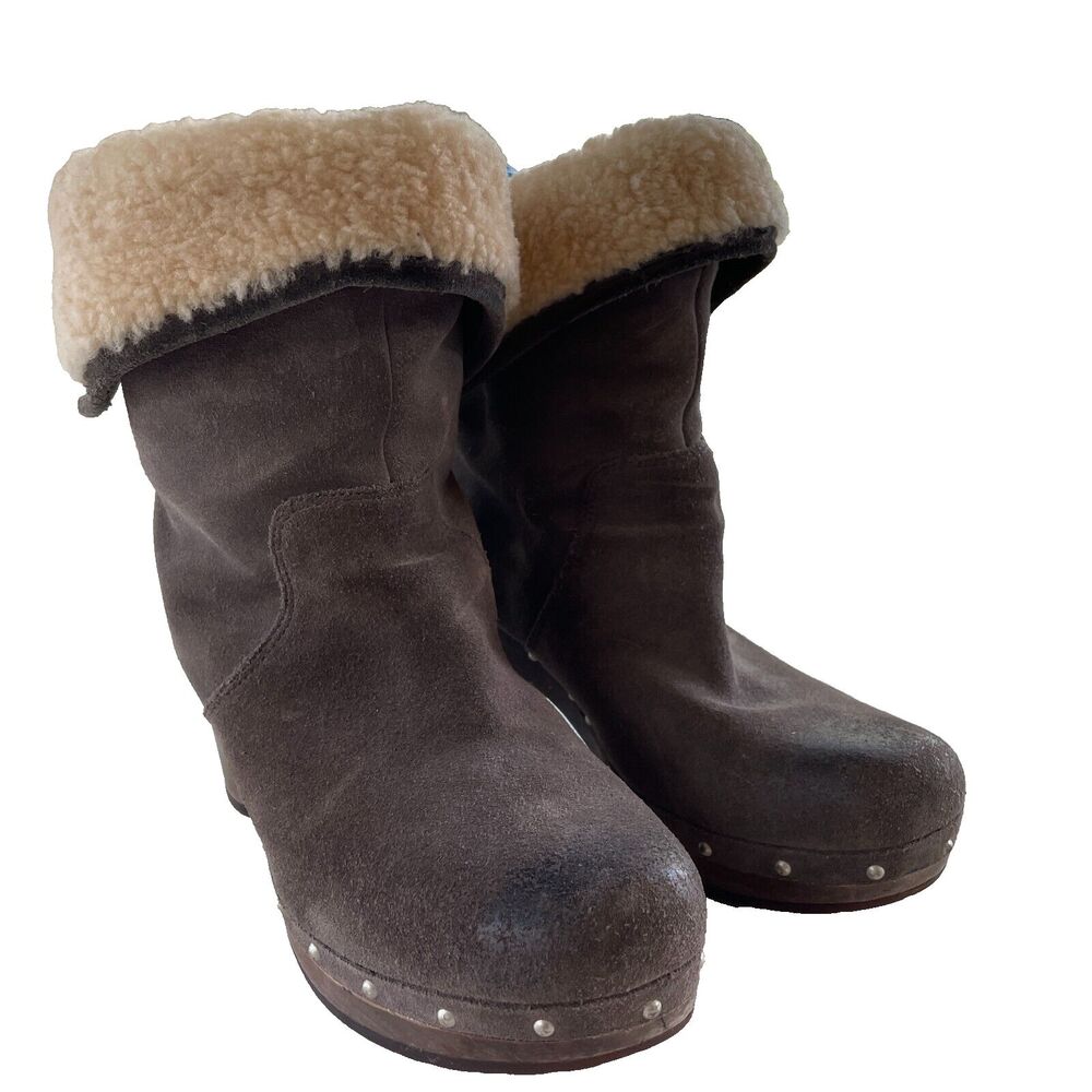 UGG Lynnea Wood Clog High Heel Boot Womens 8 Brown Upper Leather